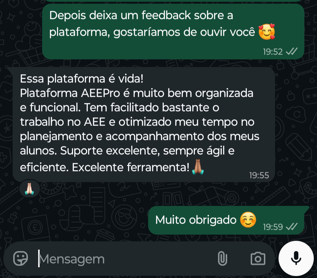 Depoimento de professora pelo WhatsApp sobre o AEE Pro